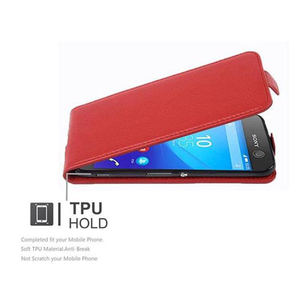 Una custodia per telefono rossa con un telefono all'interno, con l'ora visualizzata. Testo: TPU HOLD.