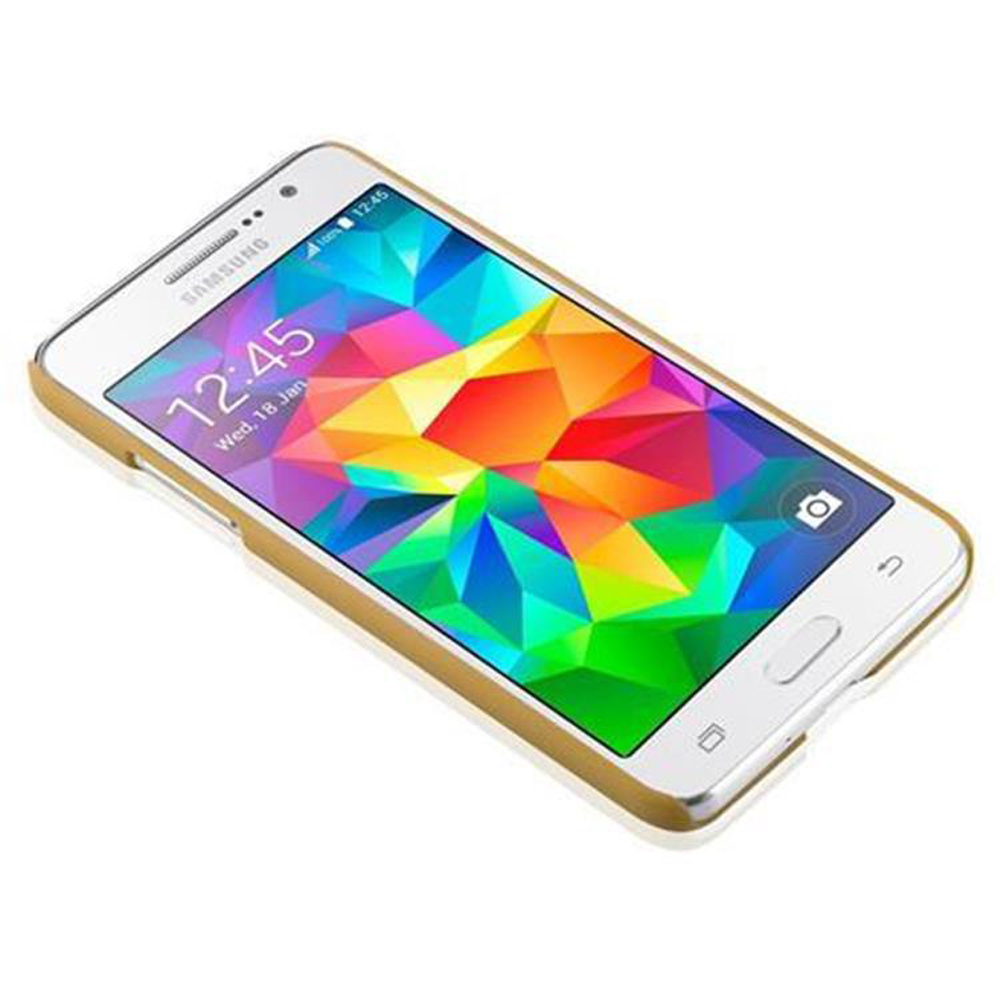 Smartphone bianco con display colorato e bordi dorati. Lo schermo mostra ora e data.