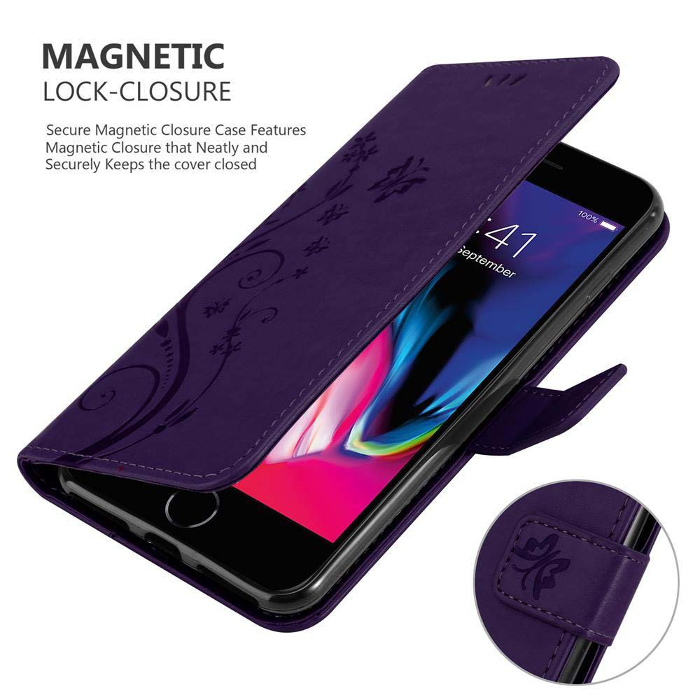 Custodia viola per telefono, aperta. Telefono all'interno. Testo: Chiusura magnetica. Design floreale decorativo.