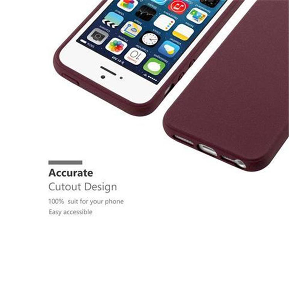 Telefono con custodia. Il telefono è bianco, con una custodia bordeaux. Icone visibili sullo schermo.