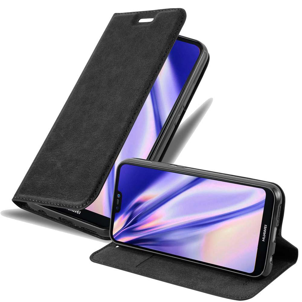 Schwarze Handyhülle mit Telefon im Inneren, offen und gefaltet. Weißer Hintergrund.