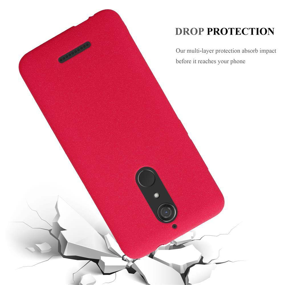 Custodia rossa con telefono. Testo: 'DROP PROTECTION'.