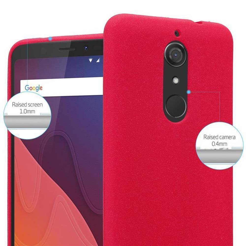 Custodia rossa per telefono con telefono all'interno. Vengono mostrati i dettagli dello schermo e della fotocamera.
