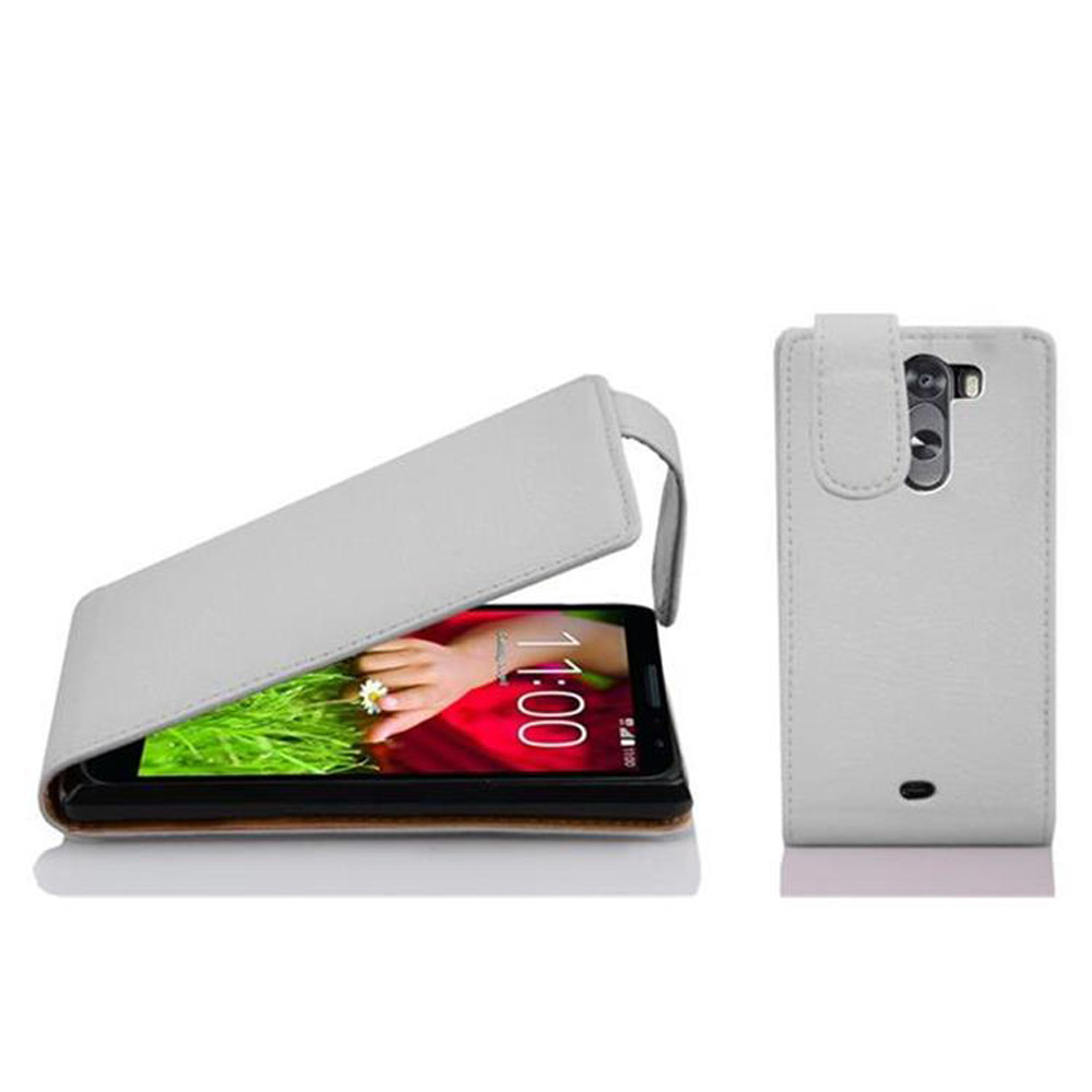 Étui de téléphone en cuir gris avec téléphone. Couvercle ouvert, révélant l'écran.