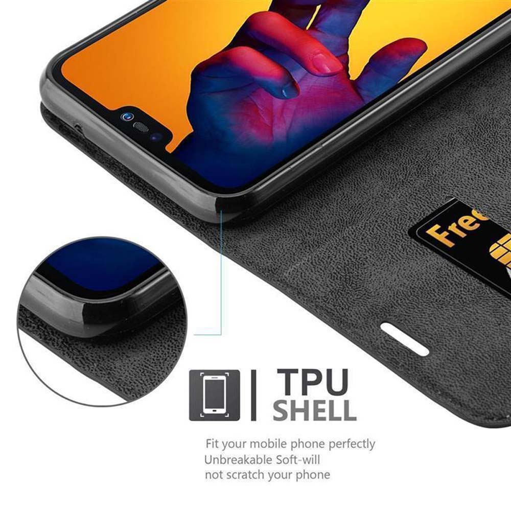 Nahaufnahme einer Handyhülle mit Kreditkartenfach und Telefon im Inneren.