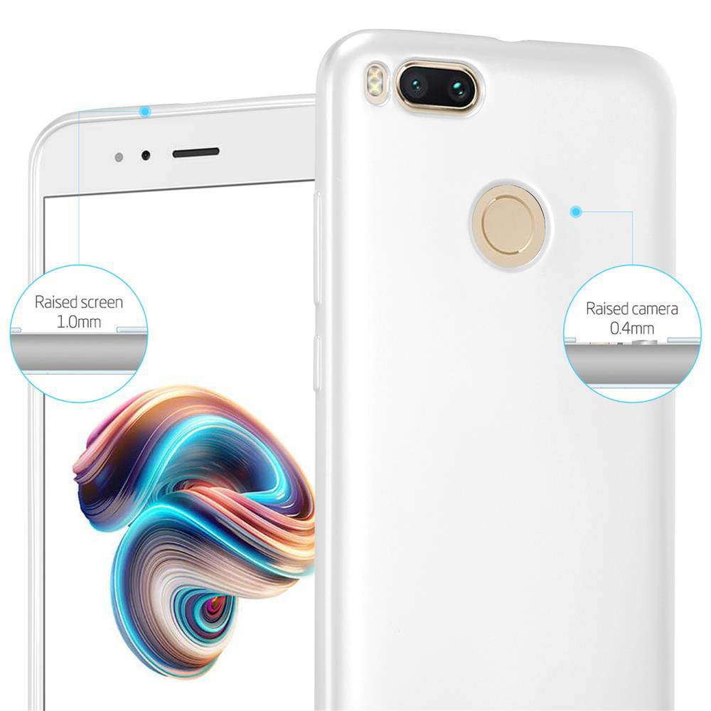 Custodia bianca per telefono. Mostra i dettagli dello schermo e della fotocamera, include schermo e fotocamera rialzati.