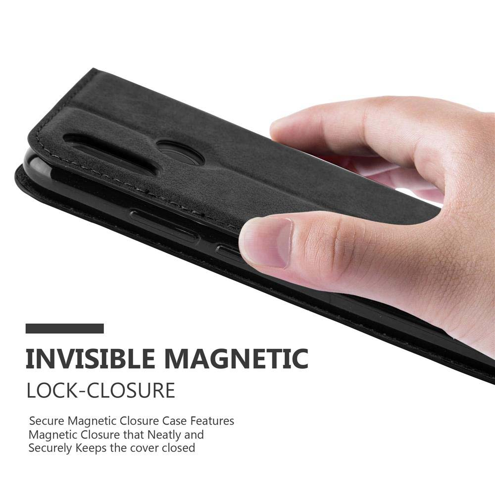 Eine Hand hält eine schwarze Handyhülle. Text zeigt 'Invisible Magnetic Lock-Closure'.