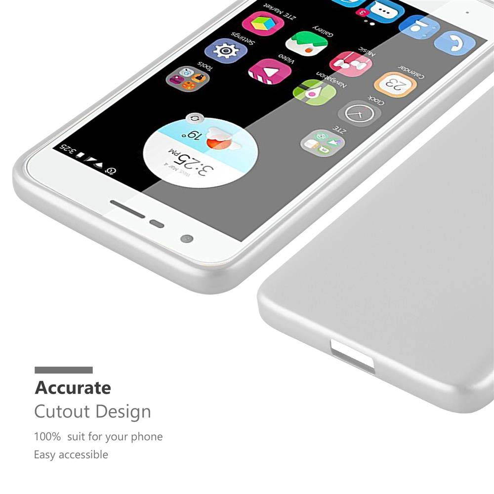 Uno smartphone bianco con custodia argentata mostra icone di app. Accanto c'è un'altra custodia.
