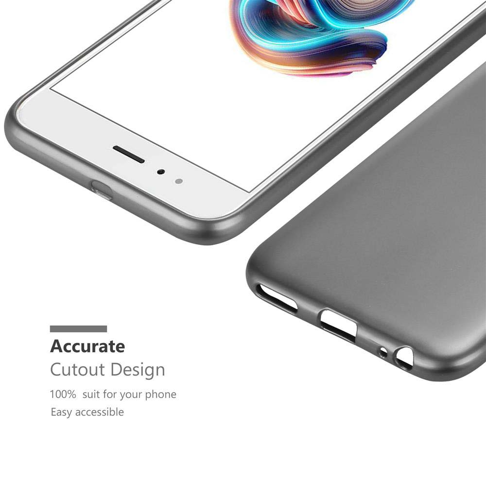 Custodia per telefono, argento e grigio. Primo piano del telefono e della custodia. Testo: Design ritaglio preciso.