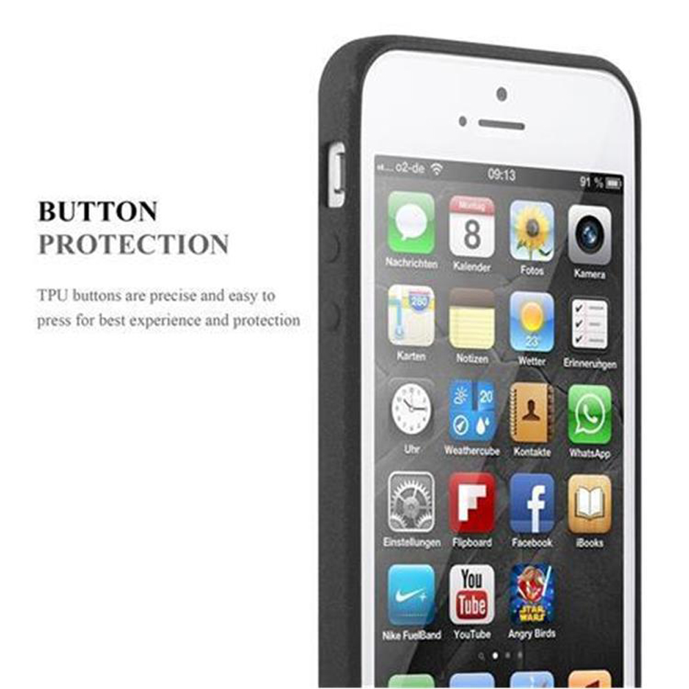 Telefono con custodia, schermo con icone app. Testo: Protezione pulsanti. Custodia nera su sfondo bianco.