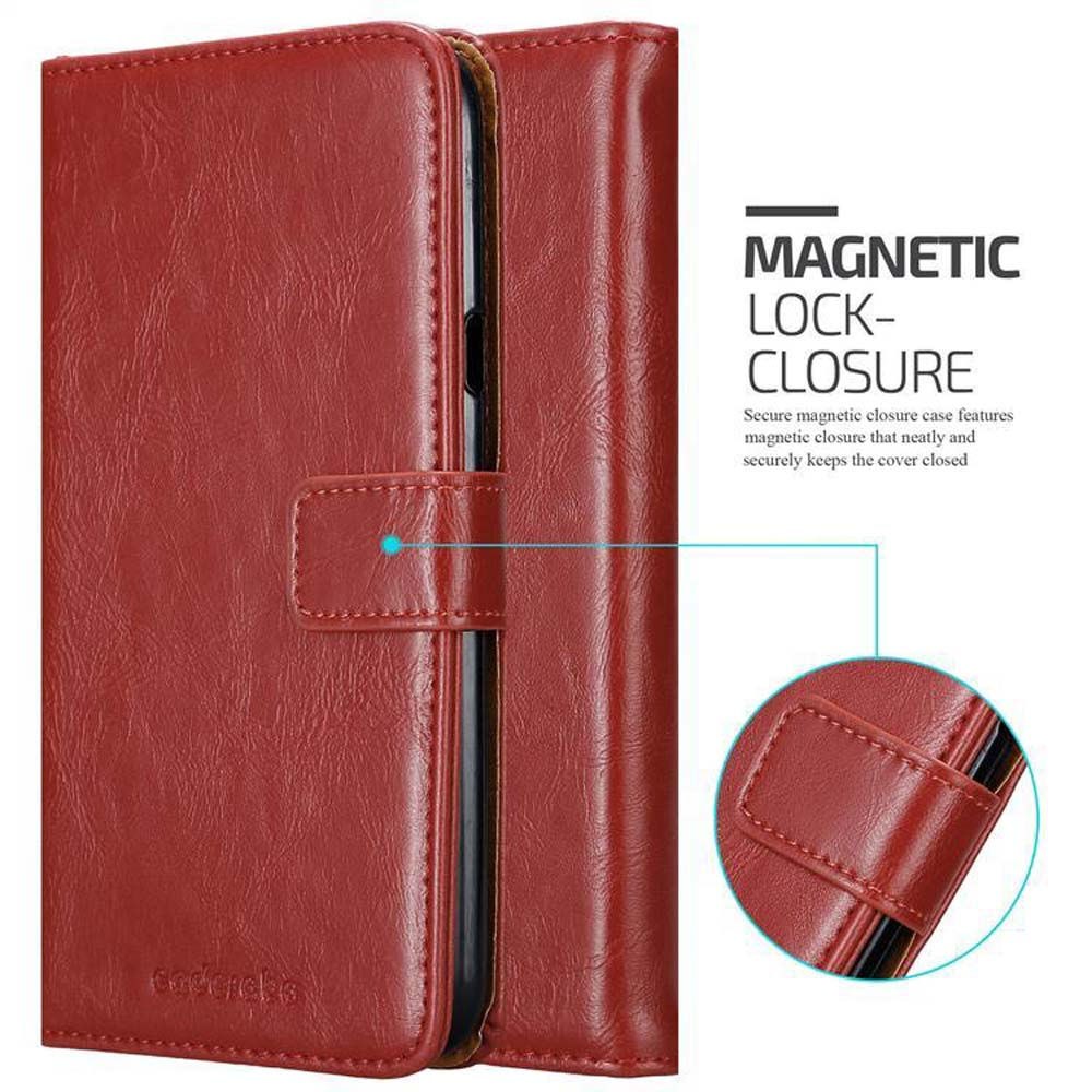 Una custodia in pelle rossa con chiusura magnetica è mostrata aperta.