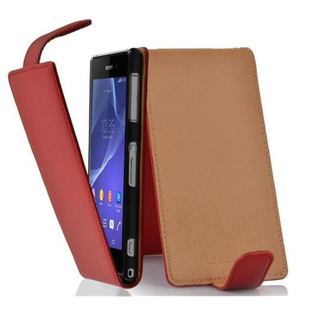 Funda de teléfono roja, abierta, con un teléfono dentro. El teléfono es negro con una barra blanca.