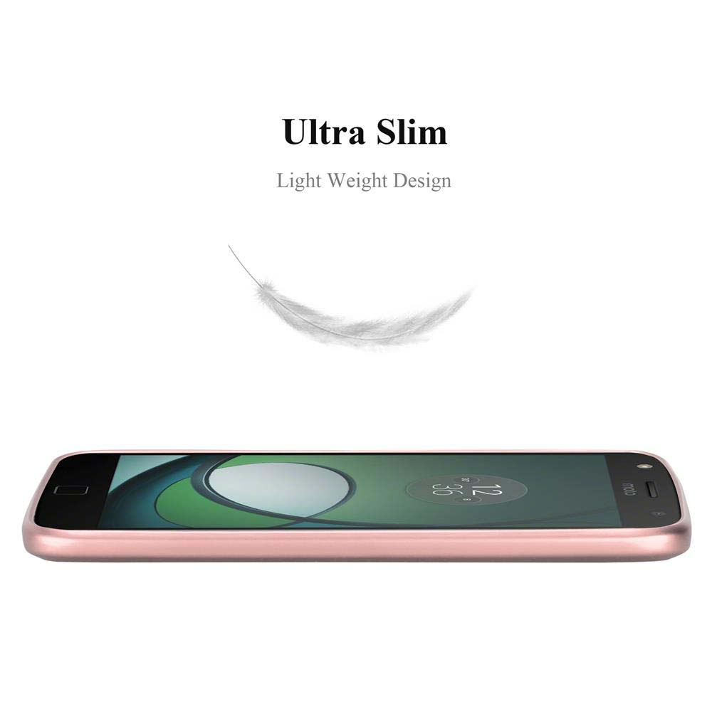 Custodia rosa per telefono, sfondo chiaro, testo: Ultra Slim, Light Weight Design, con piuma.