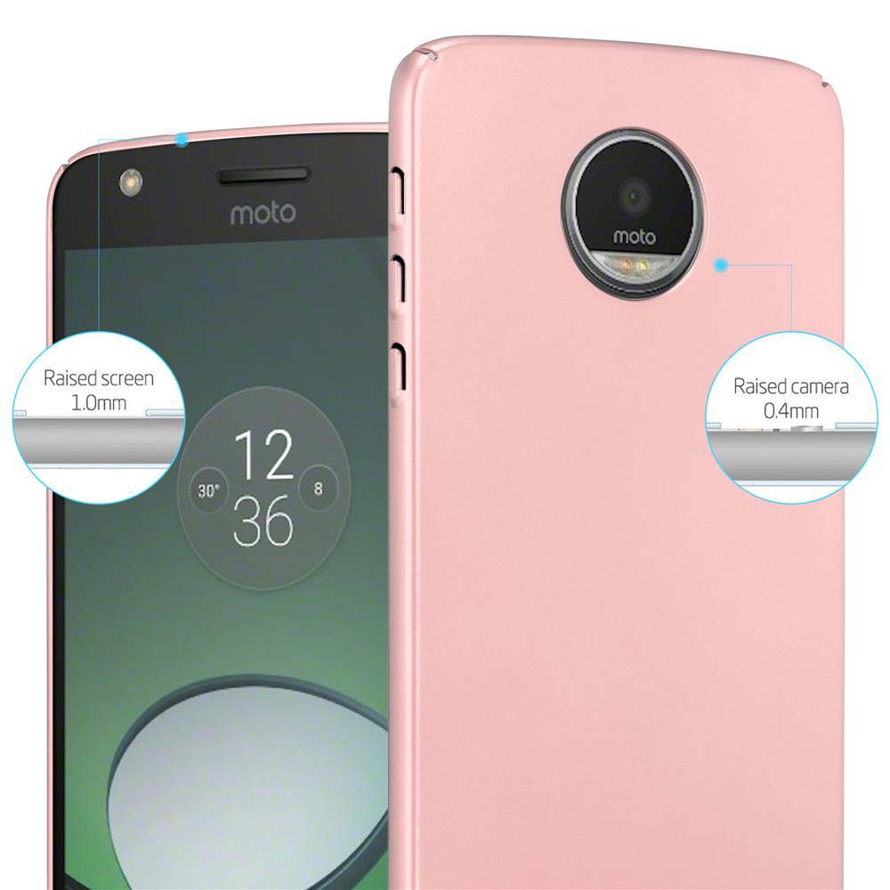 Custodia rosa per telefono con telefono all'interno. Schermo e fotocamera rialzati con misure.