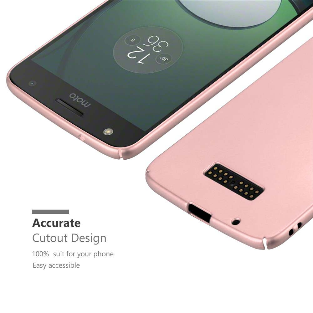 Primo piano di una custodia oro rosa con telefono all'interno. Testo: Design con ritaglio preciso.
