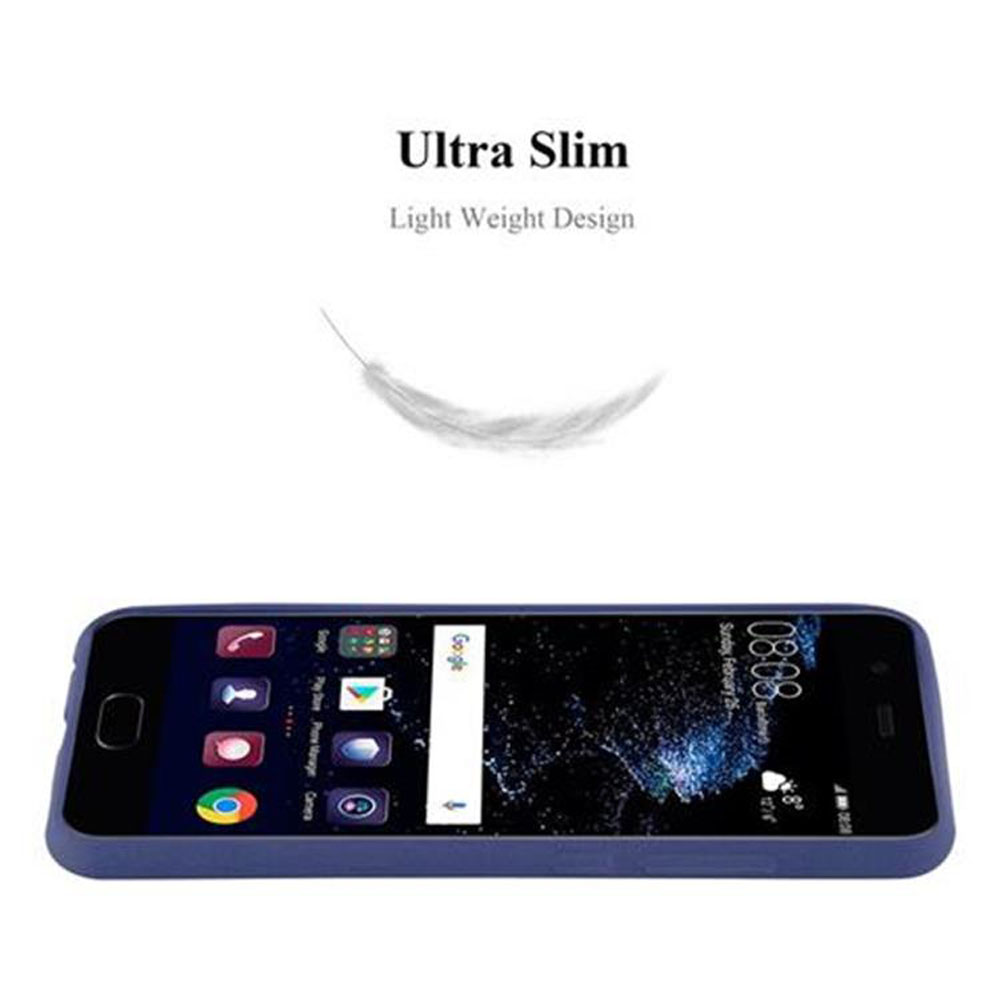 Custodia per telefono blu con un telefono sopra. C'è una grafica di piuma sullo sfondo.