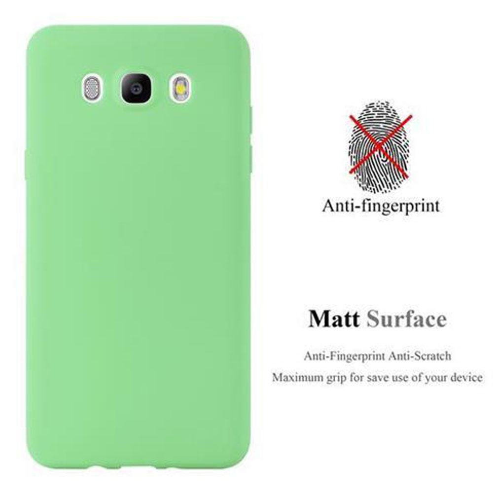 Funda de teléfono verde con un icono de huella dactilar y texto anti-huellas.