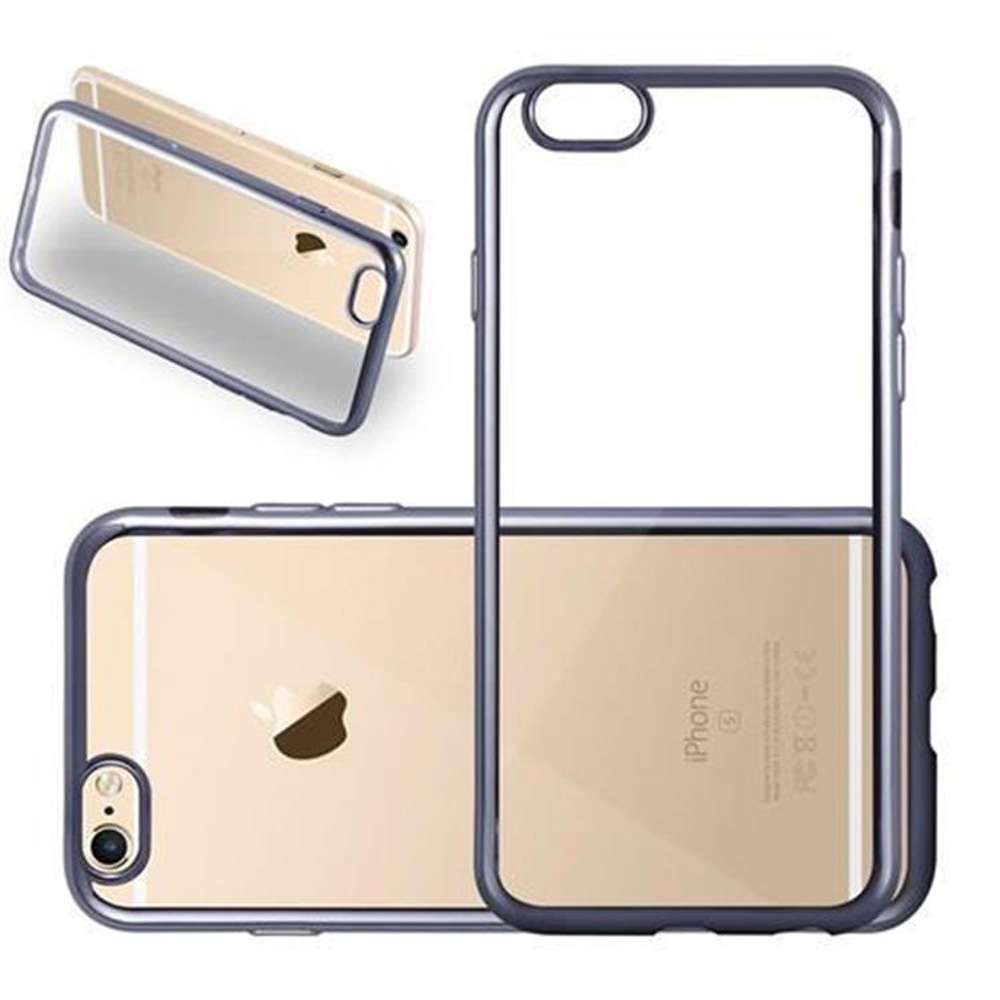 Custodia trasparente per iPhone. Vengono mostrate due custodie, una aperta e una chiusa, che mostrano il design del telefono.