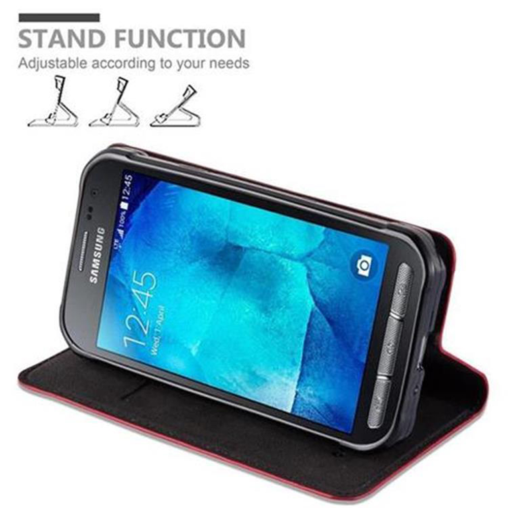 Custodia per telefono nera con funzione di supporto, che mostra un telefono con un display. Icone della funzione di supporto mostrate.