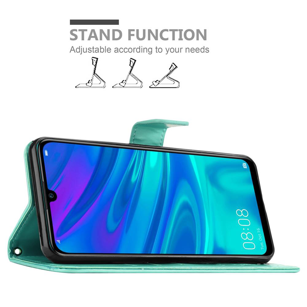 Telefono in una custodia aperta. La custodia è verde, che mostra lo schermo del telefono. Funzione stand.