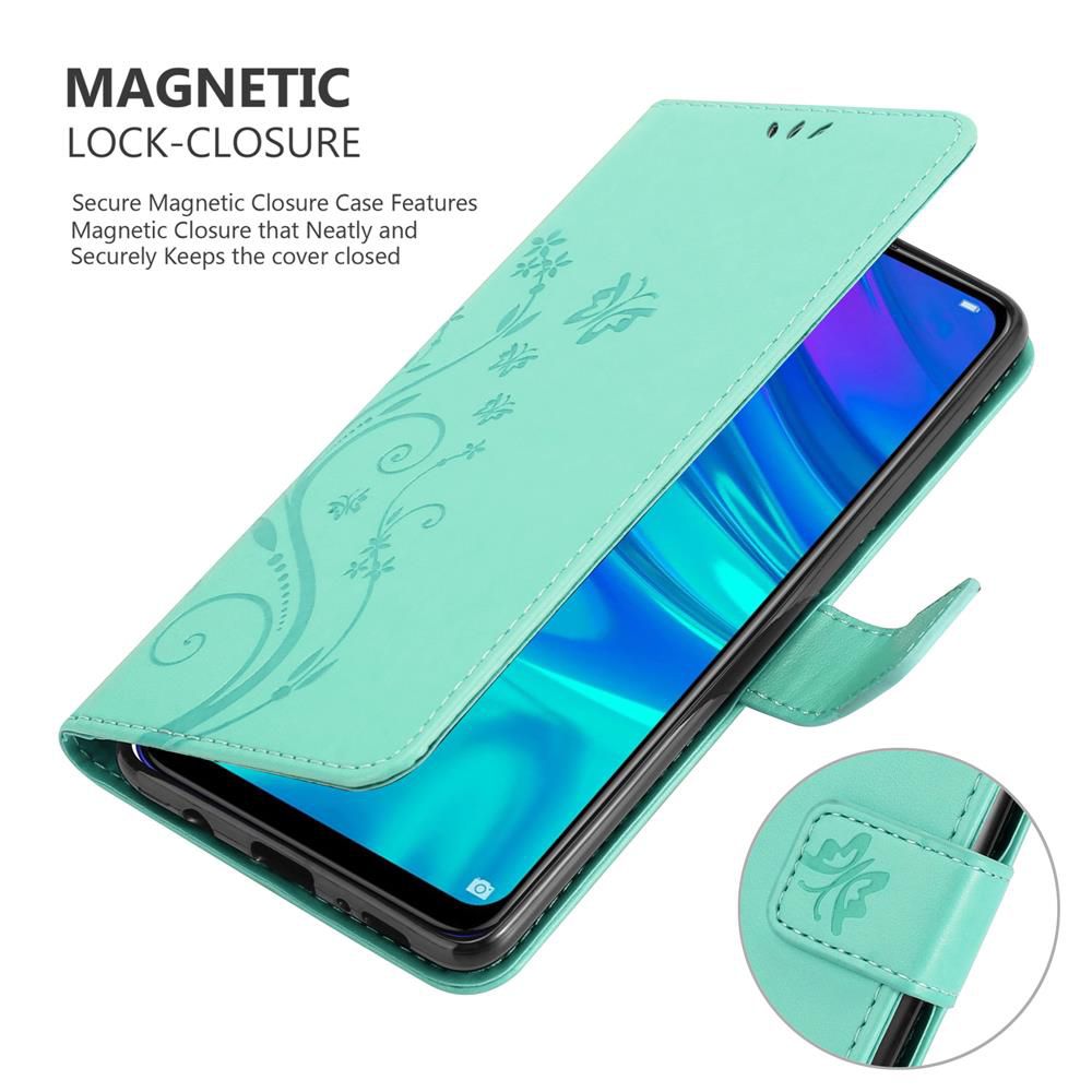 Una custodia per telefono verde acqua con design floreale è aperta, rivelando un telefono. È visibile una chiusura magnetica.