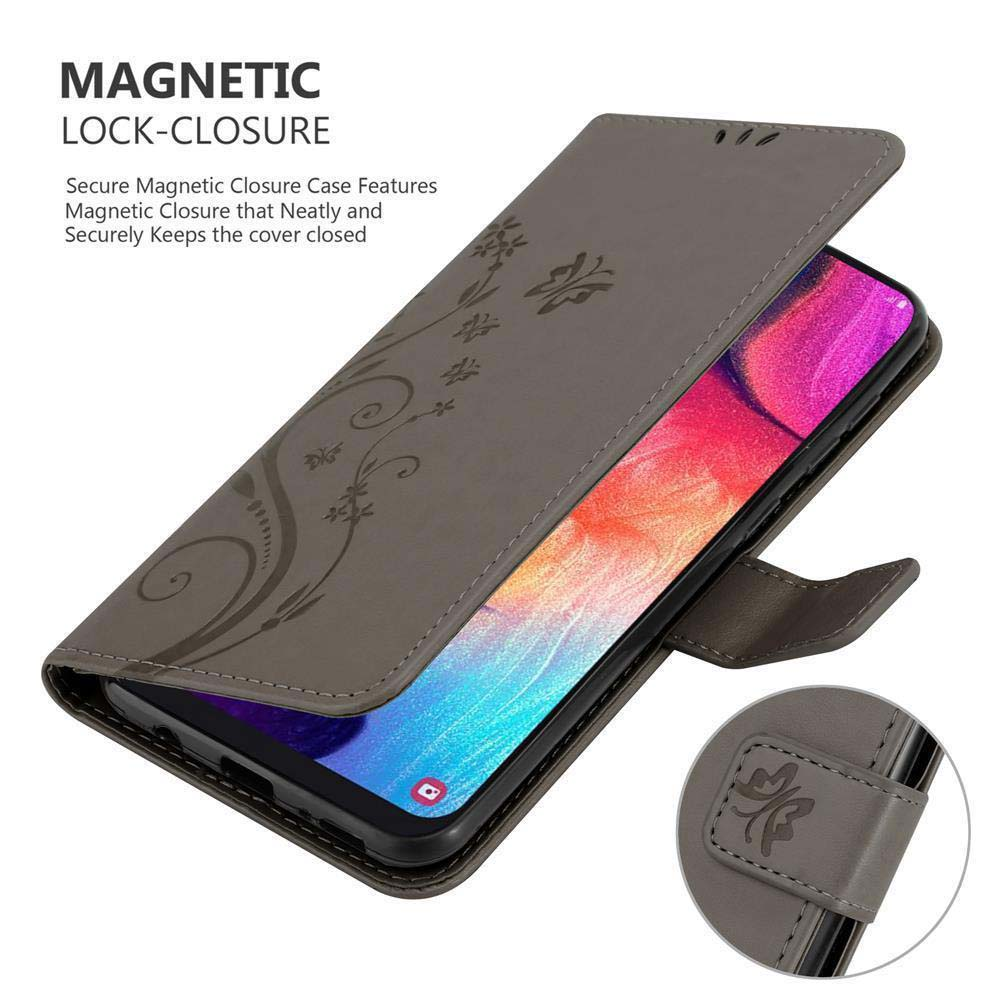 Custodia per telefono grigia con design floreale, aperta per rivelare un telefono.