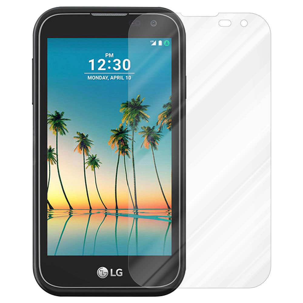 Telefono LG nero con protezione schermo. Palma sul display, con ora e data.
