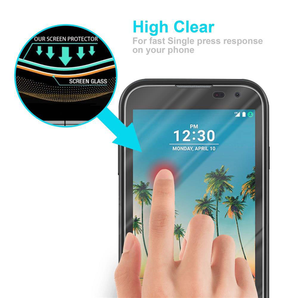 Una mano che tocca lo schermo di un telefono, mostrando le 12:30, 10 aprile, con palme. Il testo dice High Clear.