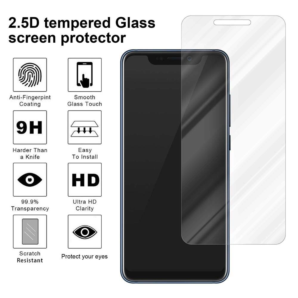 Teléfono con protector de pantalla, con iconos y texto sobre las características.