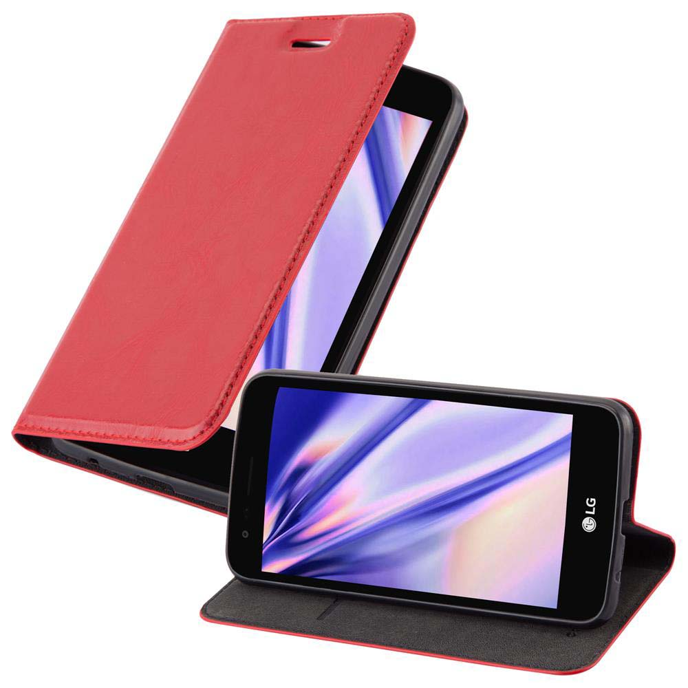 Funda de teléfono roja con dos teléfonos dentro. Ambos teléfonos tienen logos LG.
