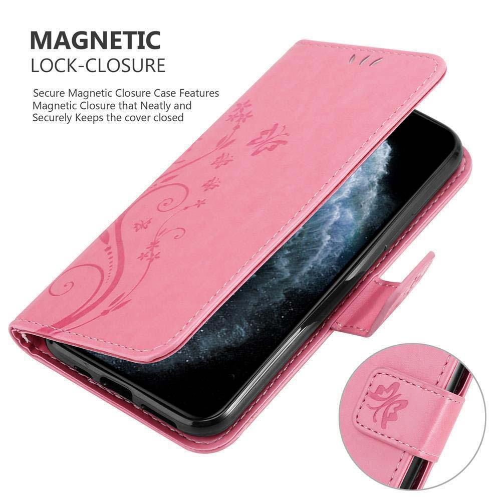 Custodia per telefono rosa con un telefono. Custodia rosa con design floreale. Testo: Chiusura magnetica. Sfondo: bianco.