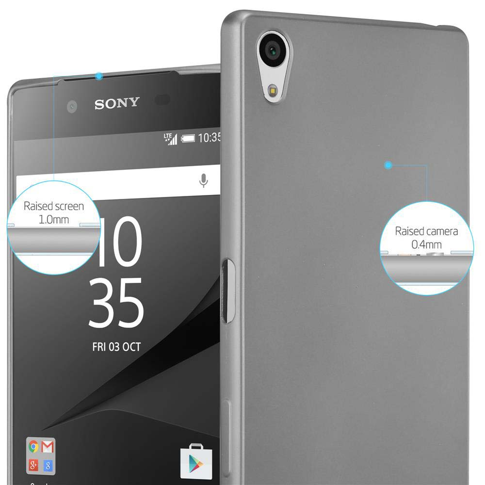 Un telefono grigio e una custodia grigia vengono visualizzati, evidenziando la protezione dello schermo e della fotocamera.