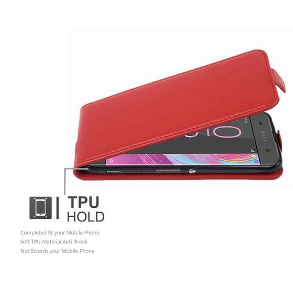 Eine rote Handyhülle ist geöffnet und zeigt ein Telefon. Die Hülle hat eine TPU-Haltefunktion.