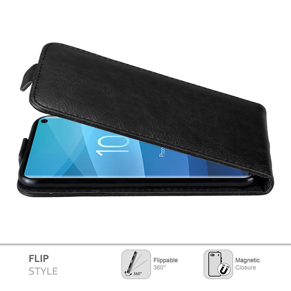 Custodia nera per telefono aperta, che mostra un telefono. Testo in basso: 'Flip Style'. Icone per ribaltabile e magnetico.