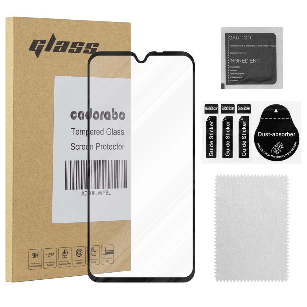 Confezione di protezione schermo con vetro temperato e accessori. Testo: Protezione schermo in vetro temperato.
