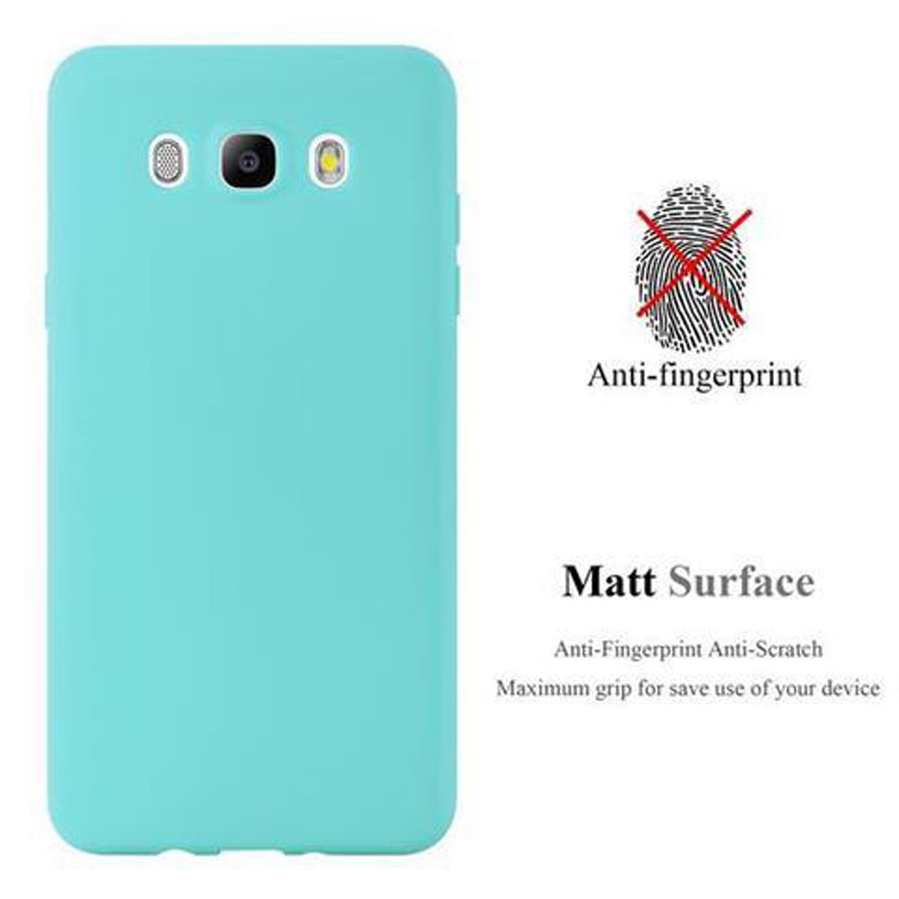 Una funda para teléfono de color verde azulado con un color azul claro, con texto anti-huellas y un icono de huella dactilar.