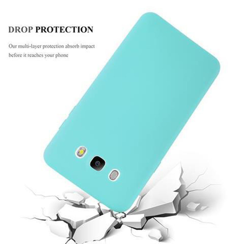 Una funda azul para teléfono en ángulo para mostrar la parte trasera del teléfono. El texto dice 'Drop Protection'.