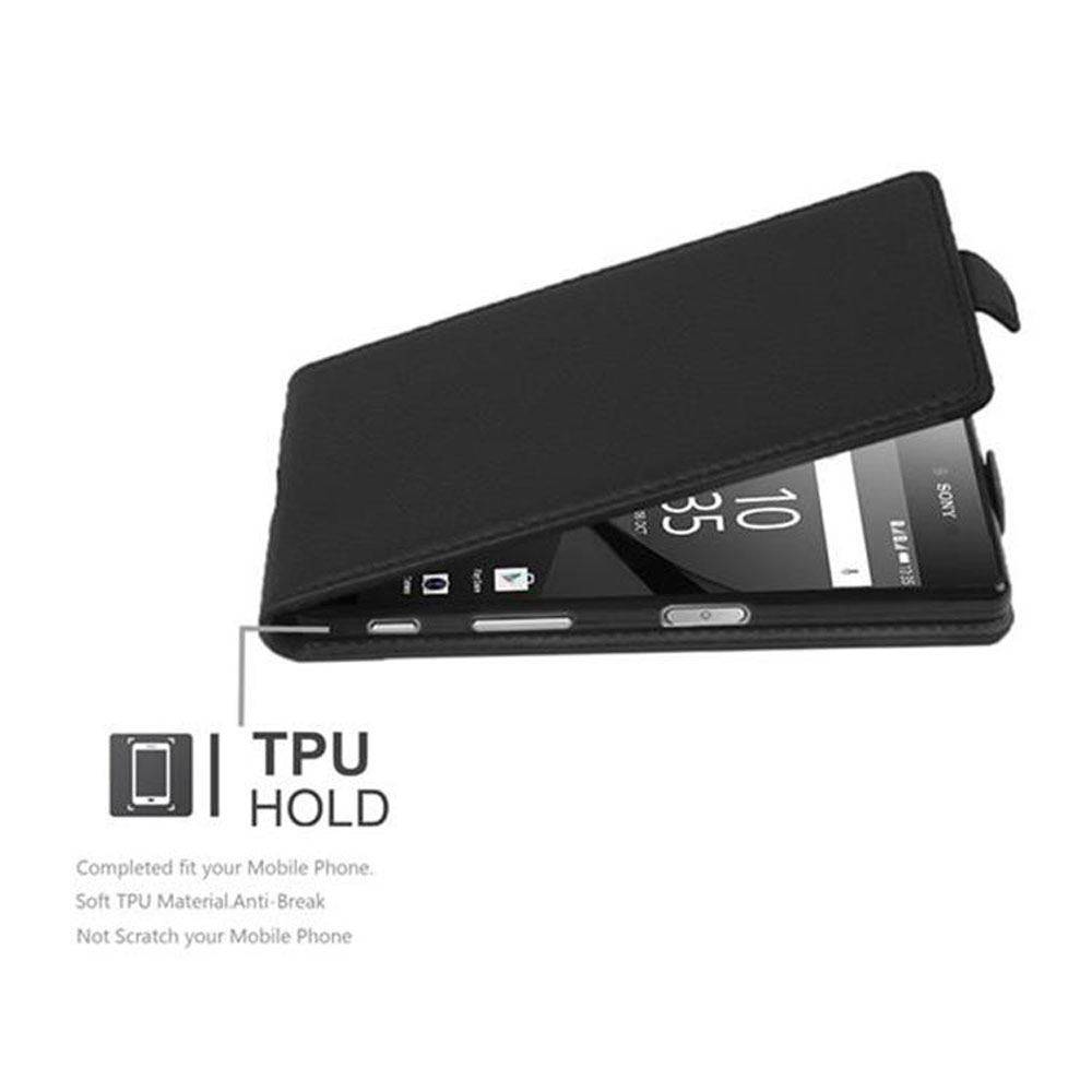 Schwarze Handyhülle offen, ein Telefon zeigend. Text weist auf Schutz hin.