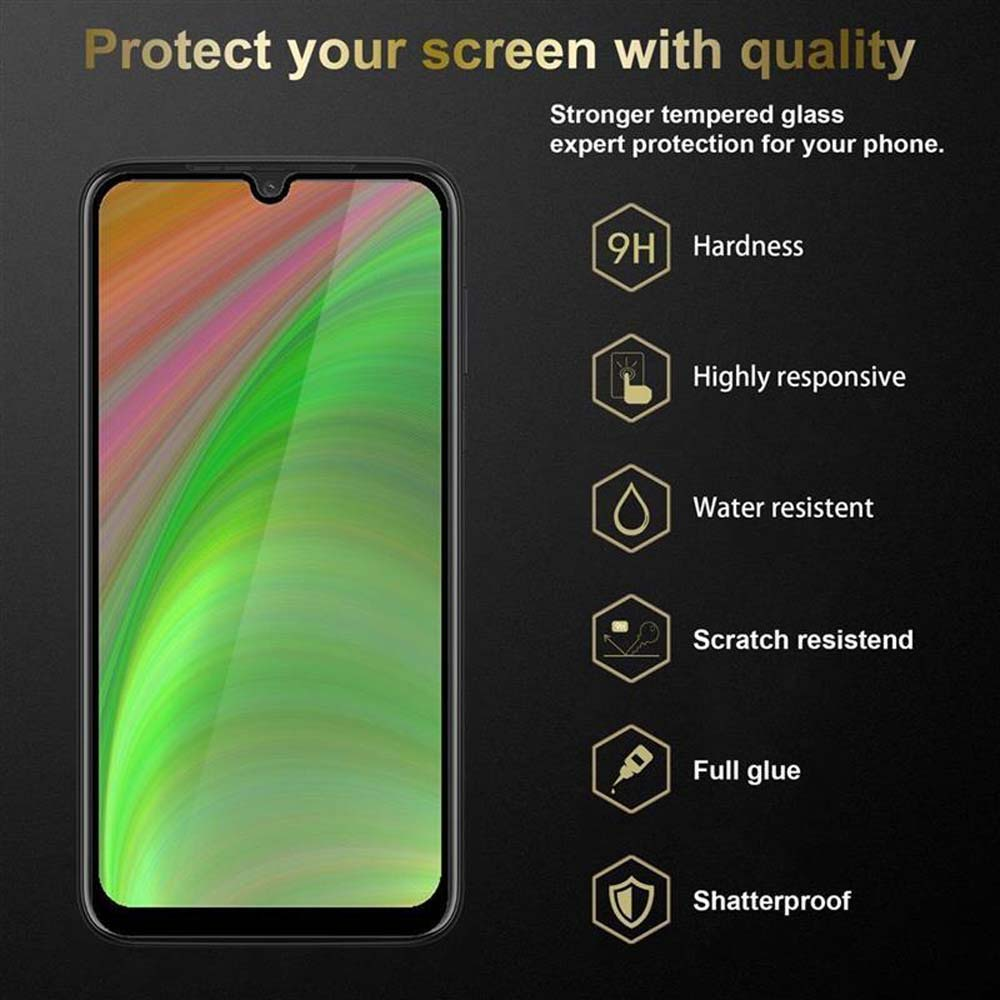 Un telefono con protezione schermo. Lo schermo mostra un'immagine colorata con icone.