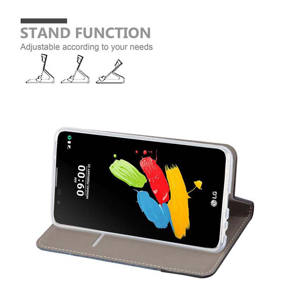 Telefon in Hülle, Bildschirm mit farbenfrohem abstrakten Design. Standfunktion ist dargestellt.