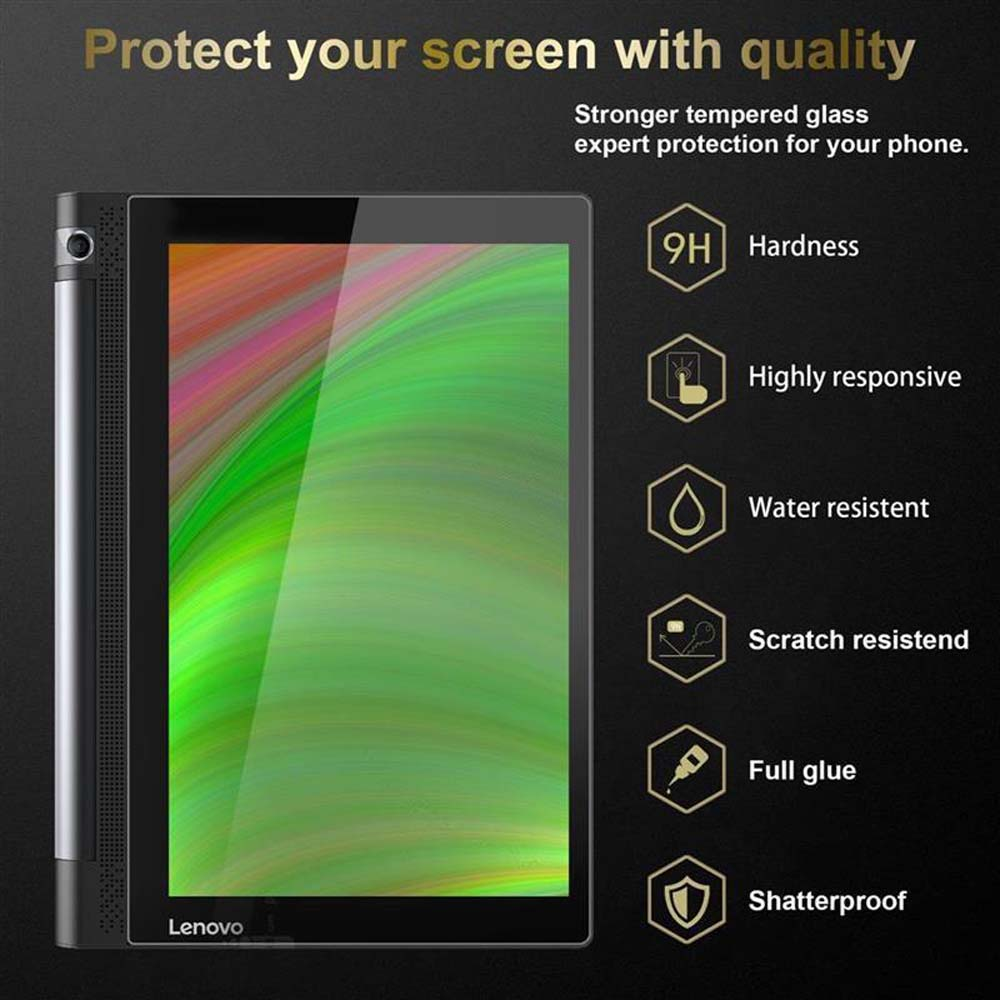 Un proteggi schermo per tablet con testo che descrive le sue caratteristiche, tra cui durezza e resistenza all'acqua.