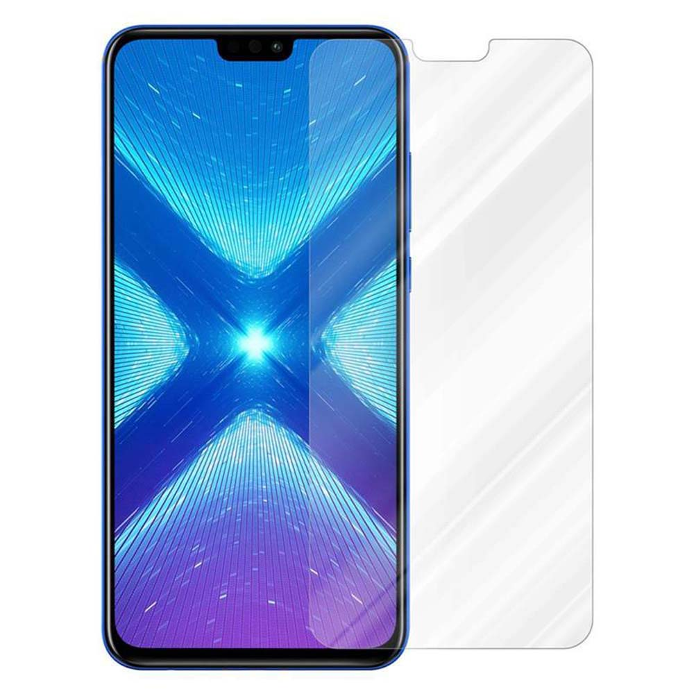 Telefono blu con una protezione per lo schermo davanti. Il telefono è acceso e mostra uno sfondo colorato.