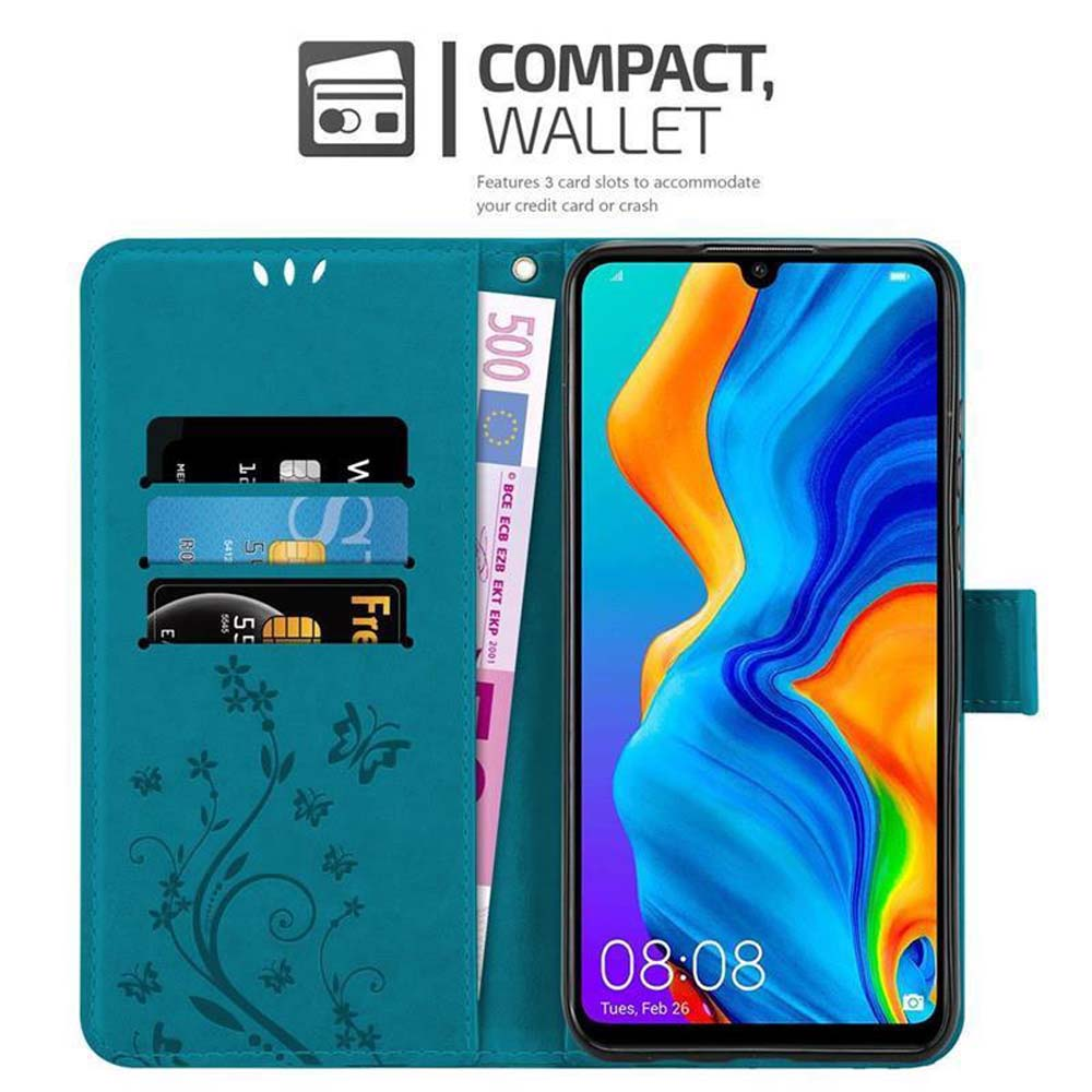Custodia turchese per telefono, aperta. Telefono all'interno. Carte di credito e denaro visibili. Testo: Portafoglio compatto. Scomparti per carte.