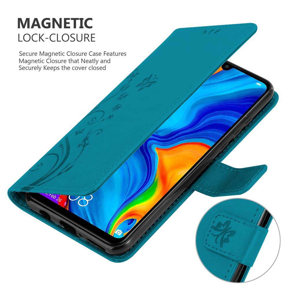 Custodia turchese aperta, che rivela un telefono. La custodia mostra un motivo floreale e una chiusura magnetica.
