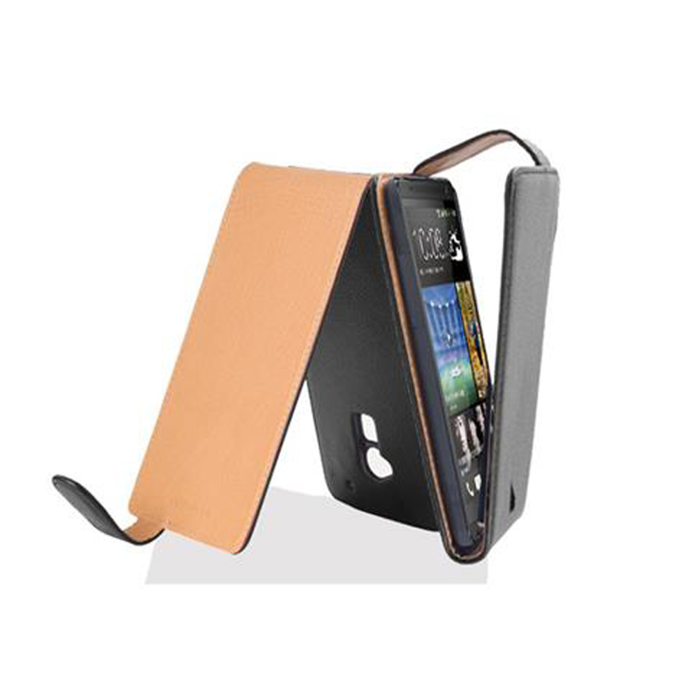 Un telefono in una custodia marrone e grigia con la cover aperta. La custodia ha una funzione di supporto.