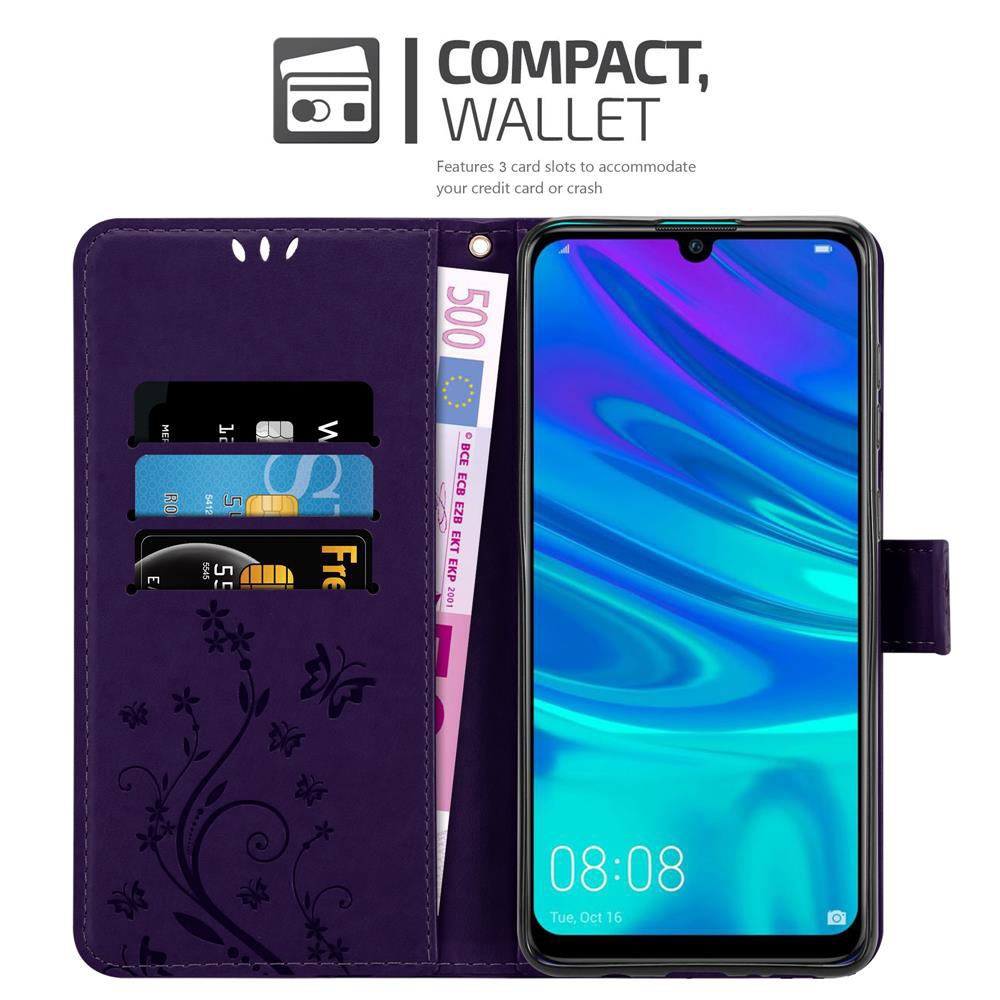 Custodia per telefono viola, aperta. Il telefono mostra l'ora e la data. All'interno sono visibili carte e una banconota da 500 euro.