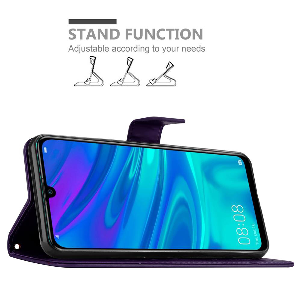Custodia per telefono viola aperta, che mostra un telefono con schermo blu e l'ora.
