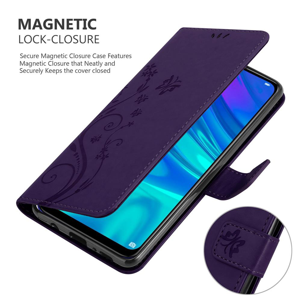 Custodia viola con design floreale, aperta per mostrare il telefono. Il testo menziona la chiusura magnetica.