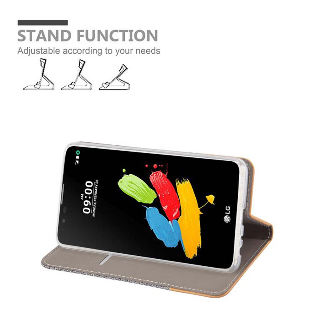 Telefon in einer Hülle, mit Standfunktion angezeigt. Bunte abstrakte Kunst wird auf dem Bildschirm angezeigt.
