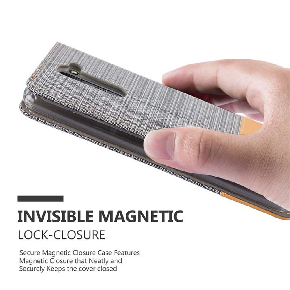 Eine Handyhülle mit Magnetverschluss. Die Hülle ist grau.